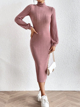 Frenchy Vestido ajustado cuello alto de manga farol sin cinturon