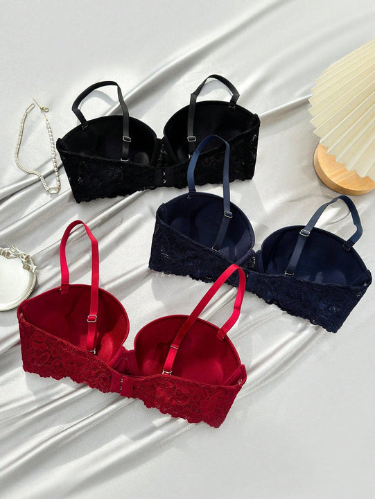 Underwear&sleepwear basics juego de lenceria de 3 piezas/set de sujetador de contraste de encaje de unicolor para mujer