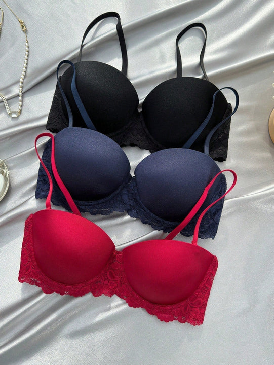 Underwear&sleepwear basics juego de lenceria de 3 piezas/set de sujetador de contraste de encaje de unicolor para mujer