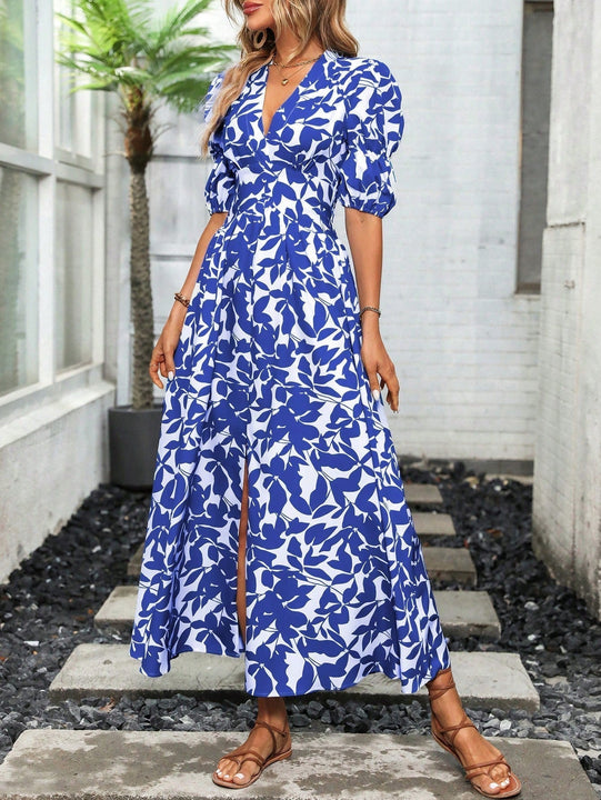 VCAY Vestido con estampado de manga farol de muslo con abertura