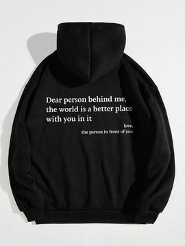 Ezwear capucha con estampado de slogan con bolsillo de canguro con cordon con forro termico
