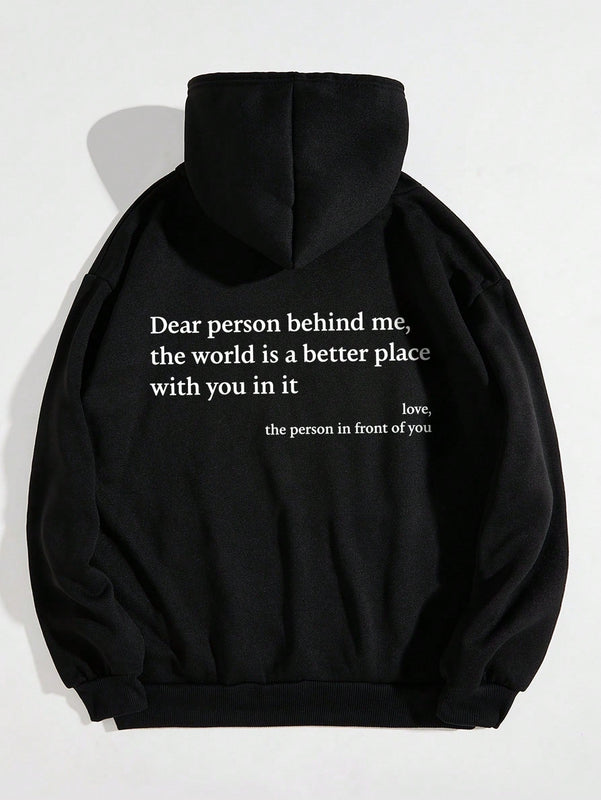 Ezwear capucha con estampado de slogan con bolsillo de canguro con cordon con forro termico