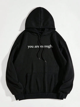 Ezwear capucha con estampado de slogan con bolsillo de canguro con cordon con forro termico