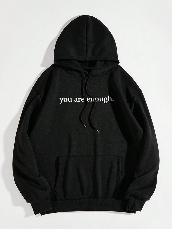 Ezwear capucha con estampado de slogan con bolsillo de canguro con cordon con forro termico