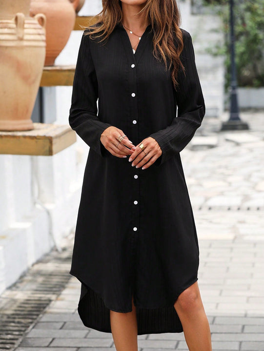 Vestido camisero de manga enrollada con boton con boton delantero