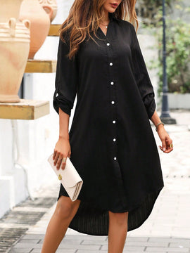 Vestido camisero de manga enrollada con boton con boton delantero