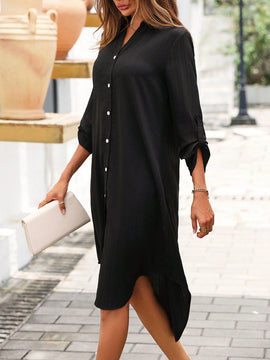 Vestido camisero de manga enrollada con boton con boton delantero