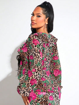 SXY Blusas de Mujer Volante Particion Floral Estampado de Leopardo Bohemio