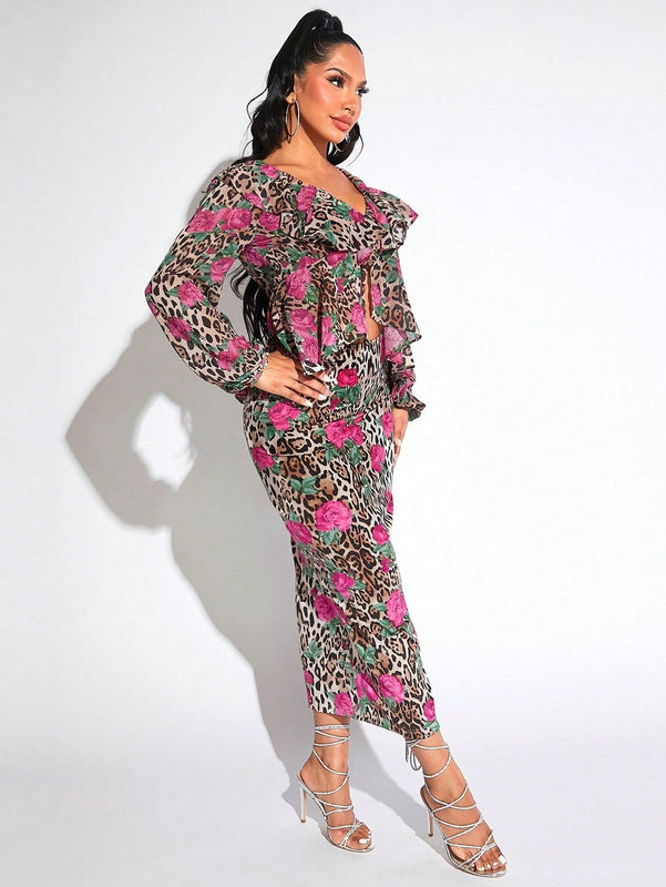 SXY Blusas de Mujer Volante Particion Floral Estampado de Leopardo Bohemio