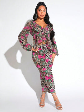 SXY Blusas de Mujer Volante Particion Floral Estampado de Leopardo Bohemio