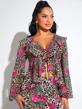 SXY Blusas de Mujer Volante Particion Floral Estampado de Leopardo Bohemio