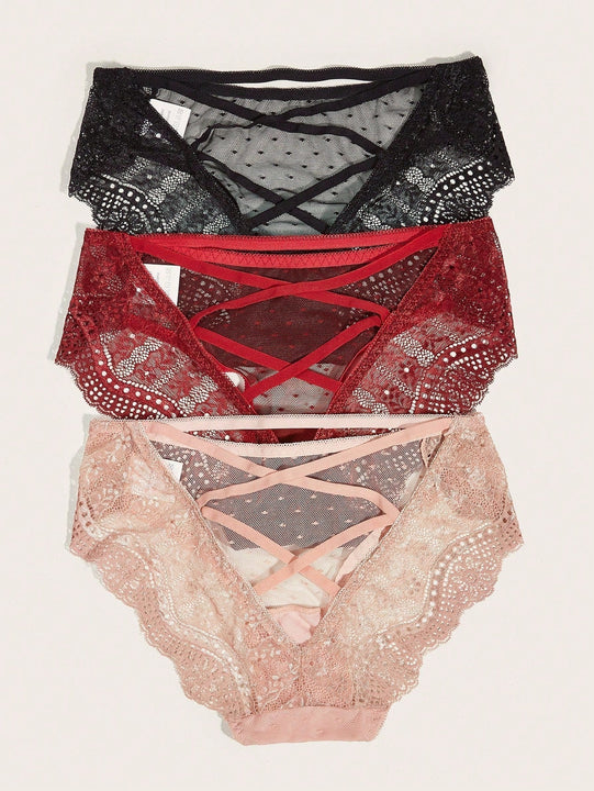 Lenceria De Encaje Con Panty Cruzado En Paquete De 3