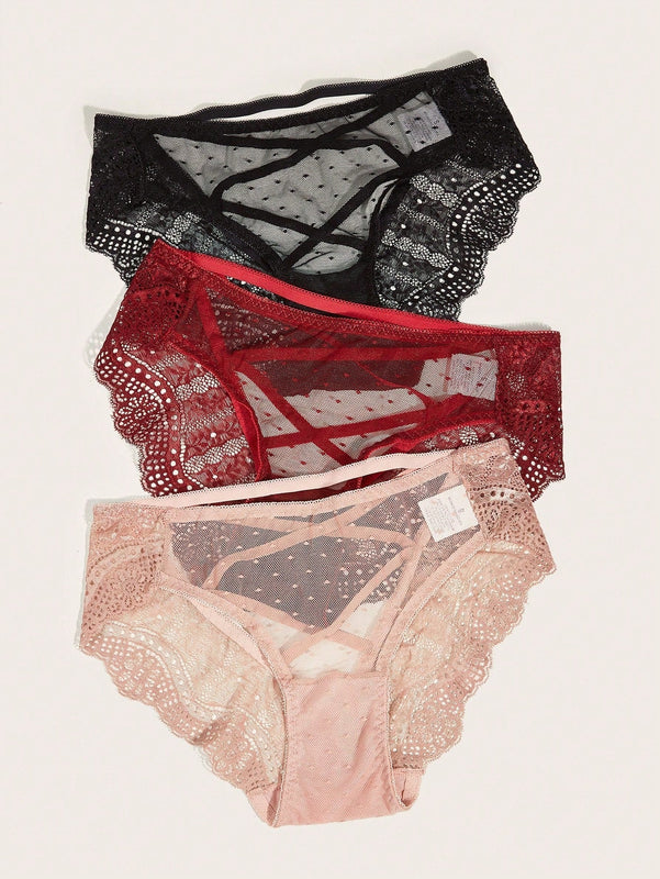Lenceria De Encaje Con Panty Cruzado En Paquete De 3