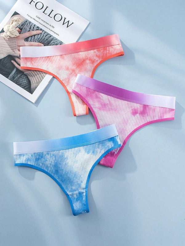 3 piezas Tanga de tie dye unido en contraste