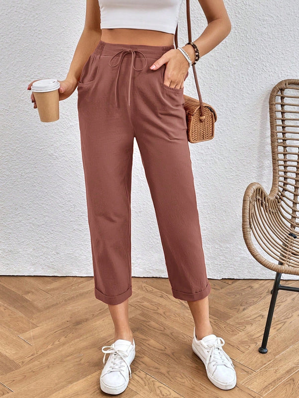 Pantalones unicolor de cintura con cordon crop