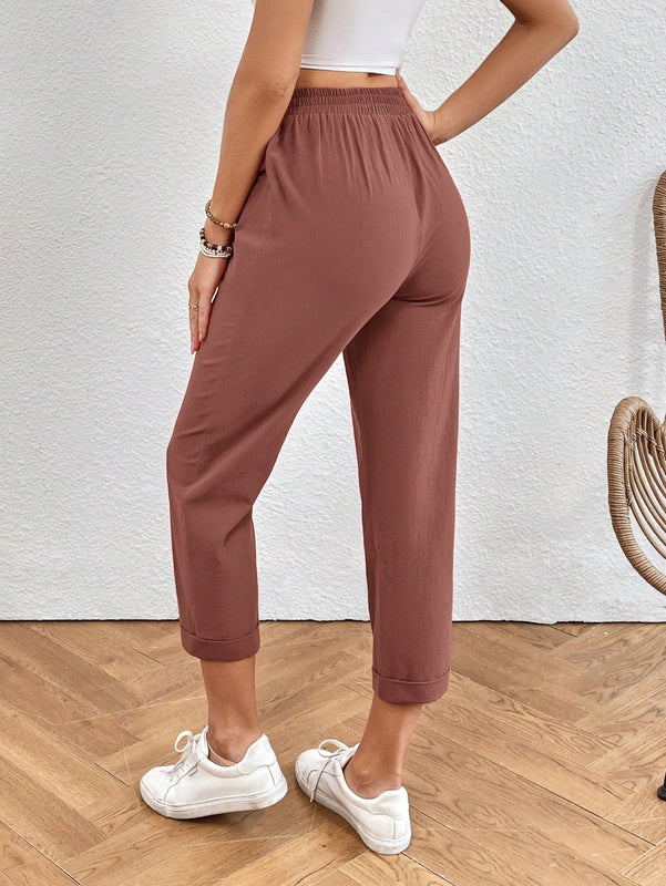 Pantalones unicolor de cintura con cordon crop