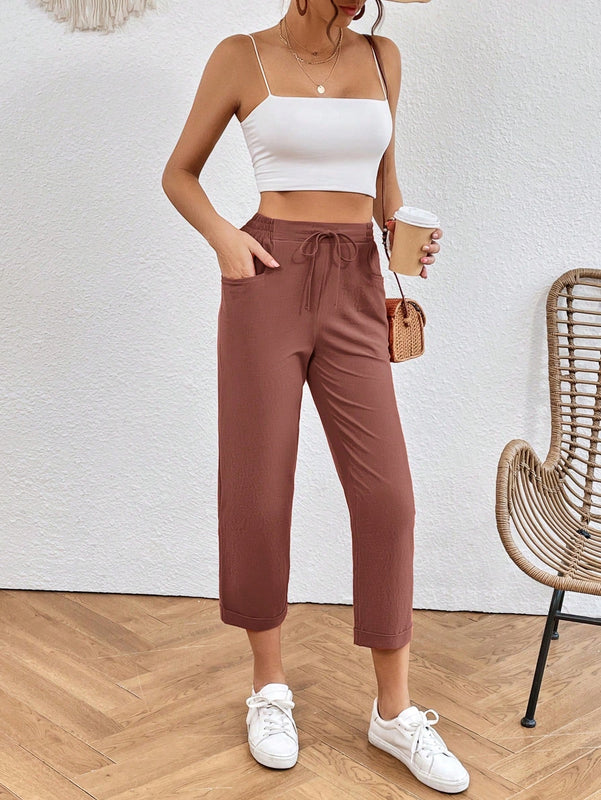 Pantalones unicolor de cintura con cordon crop