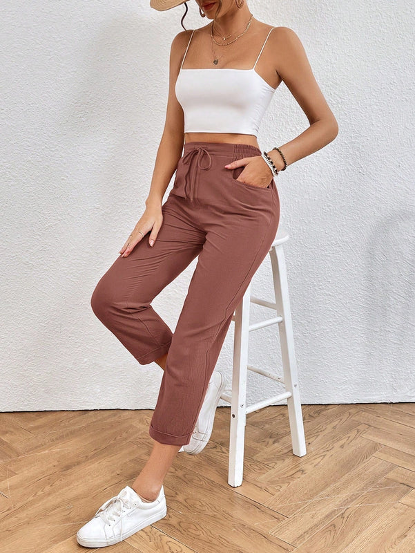 Pantalones unicolor de cintura con cordon crop