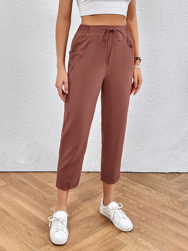 Pantalones unicolor de cintura con cordon crop