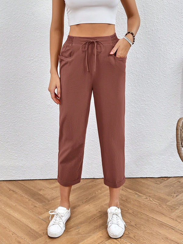 Pantalones unicolor de cintura con cordon crop