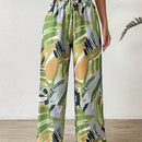 Pantalones de pierna ancha con estampado de pincelada de cintura con cordon