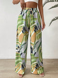 Pantalones de pierna ancha con estampado de pincelada de cintura con cordon