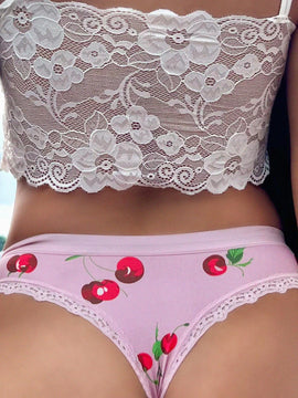 Bragas con estampado de cereza con encaje en contraste