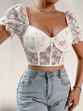 Frenchy Blusa con bordado floral de manga farol crop con encaje