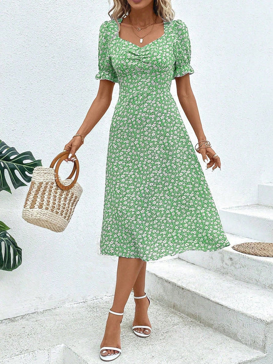 VCAY Vestido con estampado floral escote corazon de manga farol