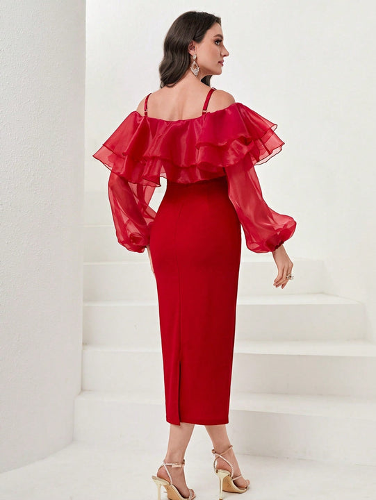 Modely Vestido de hombros descubiertos ribete con fruncido de manga farol con abertura trasera