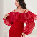 Modely Vestido de hombros descubiertos ribete con fruncido de manga farol con abertura trasera