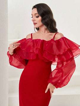Modely Vestido de hombros descubiertos ribete con fruncido de manga farol con abertura trasera