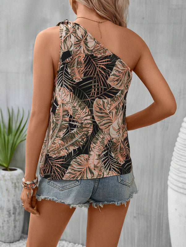 Blusa con estampado tropical de un hombro