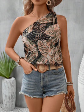 Blusa con estampado tropical de un hombro