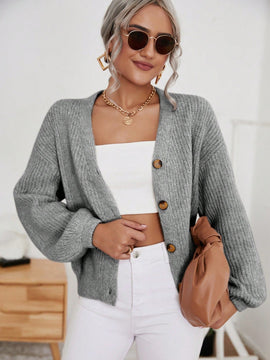 Frenchy cardigan de punto de manga larga, unicolor, con escote en v y botones frontales, versatil y casual