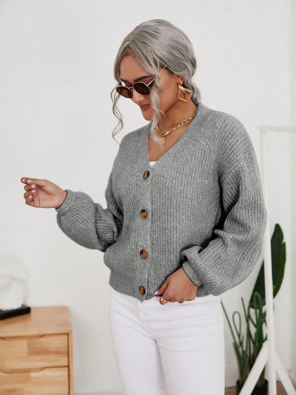 Frenchy cardigan de punto de manga larga, unicolor, con escote en v y botones frontales, versatil y casual