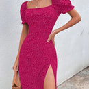 VCAY Vestido de lunares de manga farol de muslo con abertura