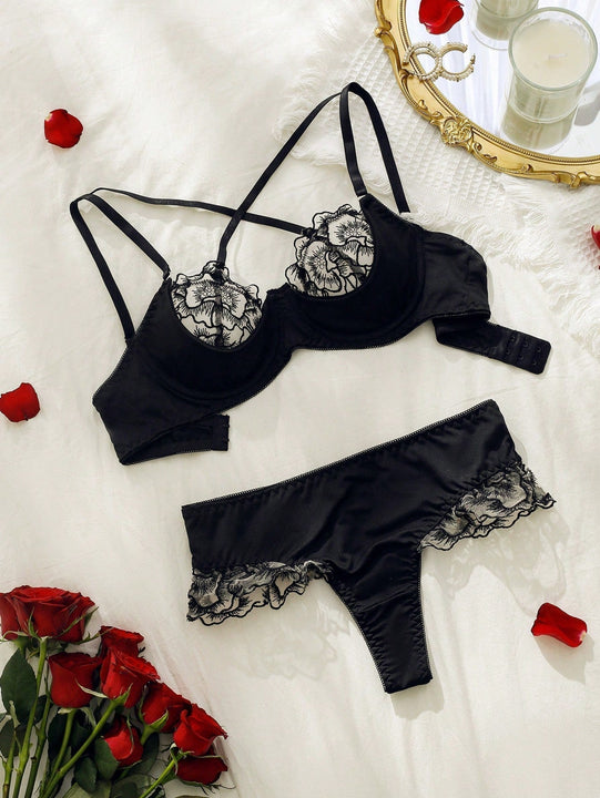 Conjunto de sujetador y ropa interior para mujer con parches bordados florales