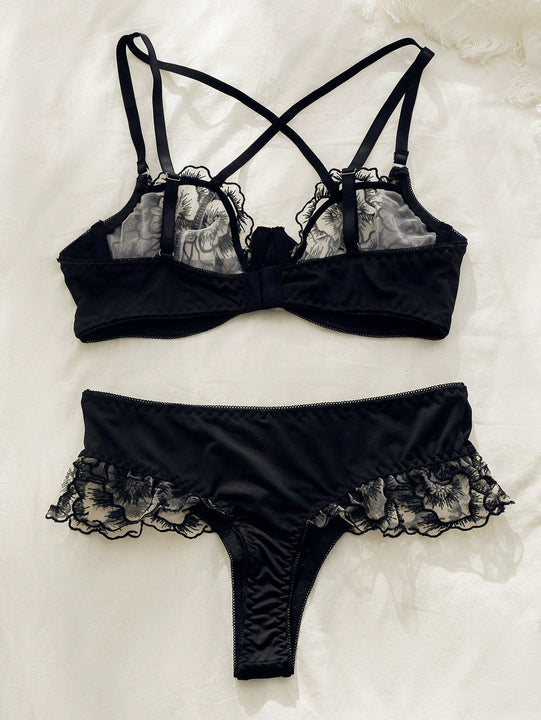 Conjunto de sujetador y ropa interior para mujer con parches bordados florales