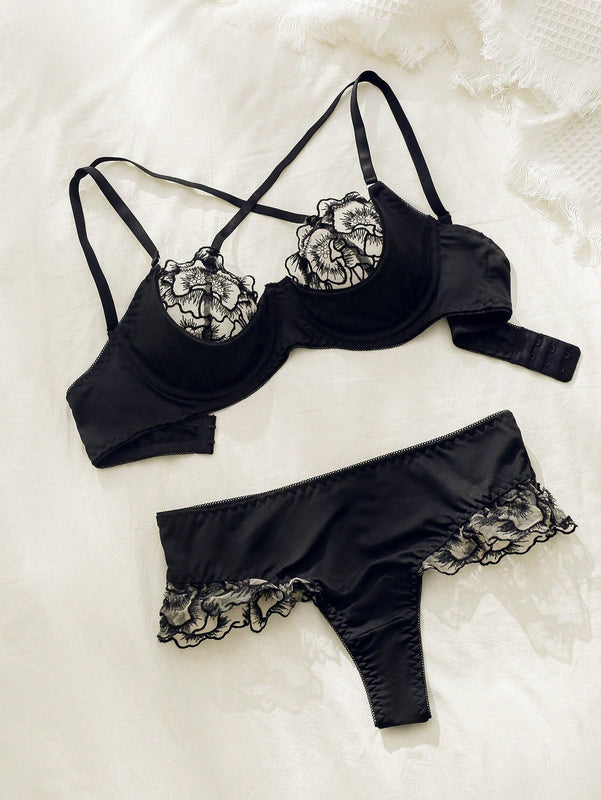 Conjunto de sujetador y ropa interior para mujer con parches bordados florales