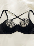 Conjunto de sujetador y ropa interior para mujer con parches bordados florales