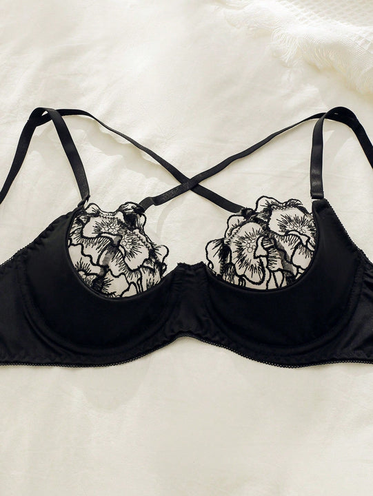 Conjunto de sujetador y ropa interior para mujer con parches bordados florales