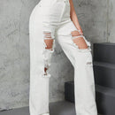 Jeans rectos de talle alto roto