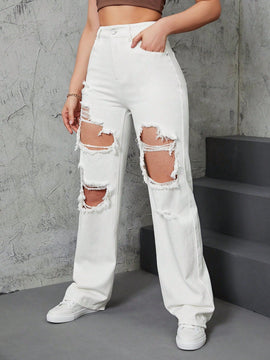 Jeans rectos de talle alto roto