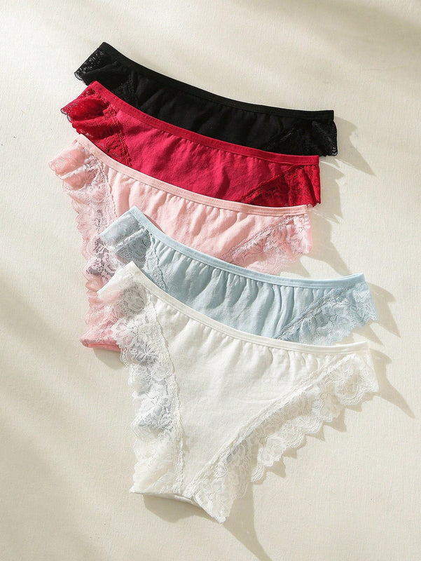 5 Piezas Contraste De Encaje Ribete De Punto Panty Lenceria