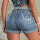 Y2k Calle Contraste Remate Crudo Cintura Alta Pantalones Cortos Vaqueros Elasticos Mini Con Bolsillo Oblicuo Y Dobladillo Con Puno