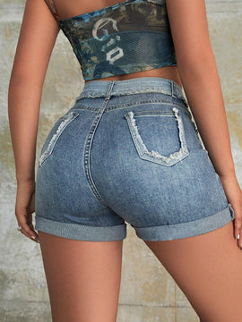 Y2k Calle Contraste Remate Crudo Cintura Alta Pantalones Cortos Vaqueros Elasticos Mini Con Bolsillo Oblicuo Y Dobladillo Con Puno