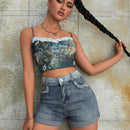 Y2k Calle Contraste Remate Crudo Cintura Alta Pantalones Cortos Vaqueros Elasticos Mini Con Bolsillo Oblicuo Y Dobladillo Con Puno