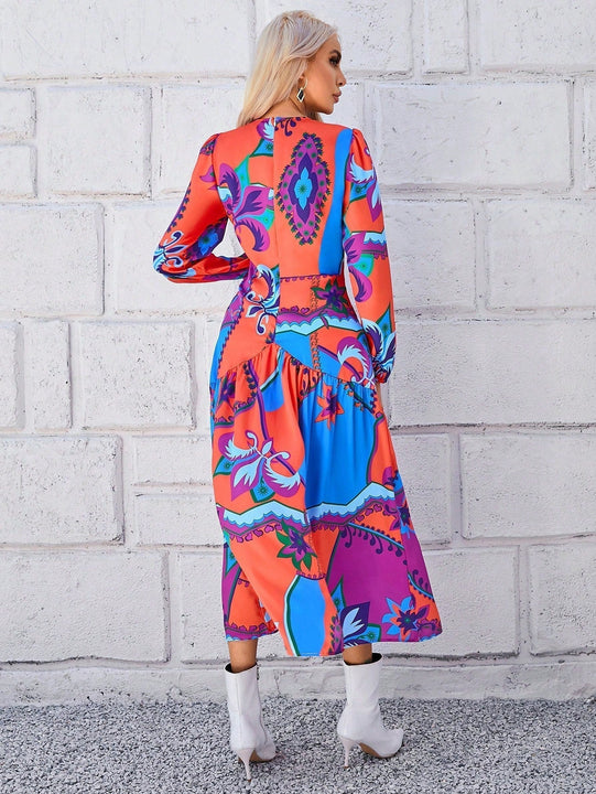 VCAY Vestido floral al azar con estampado de manga farol bajo con fruncido