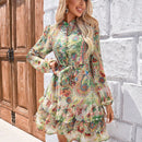 Vestido con cinturon con estampado floral de manga farol bajo con fruncido